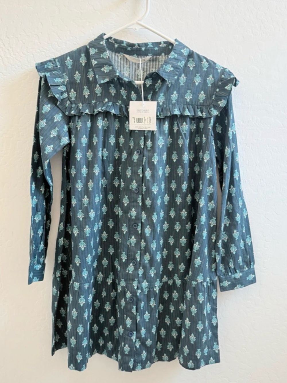 NWT 100% Cotton Girls' Teal Floral Ruffle-Yoke Button Front Dress